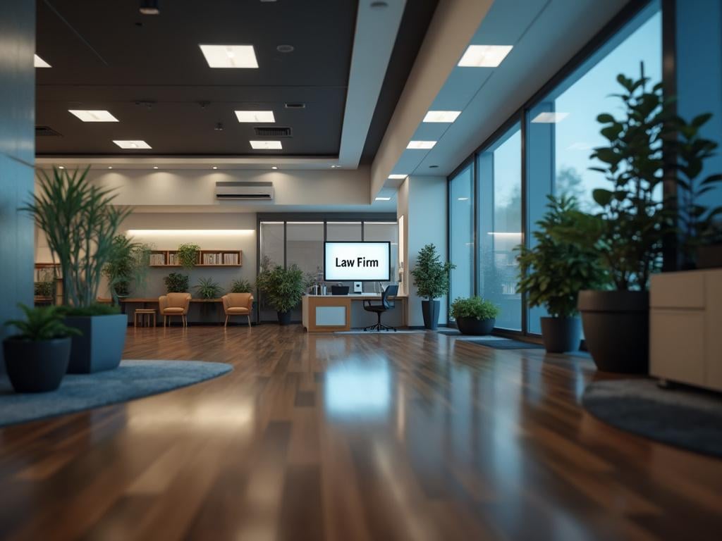 Oficina moderna de bufete de abogados con diseño elegante, plantas decorativas y suelos de madera. Oficina moderna de bufete de abogados con diseño elegante, plantas decorativas y suelos de madera.