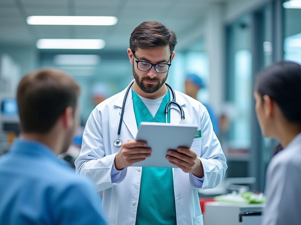 Médico con bata blanca y estetoscopio usando una tableta digital en un hospital, rodeado de colegas.