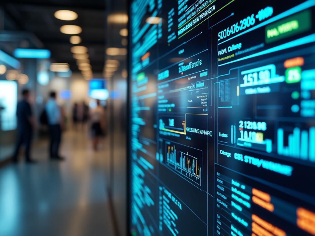 Pantalla digital mostrando datos financieros y gráficos en un entorno moderno de oficina.