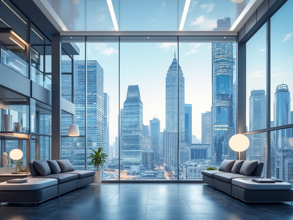 Modern office interior with large windows overlooking a city skyline with skyscrapers.