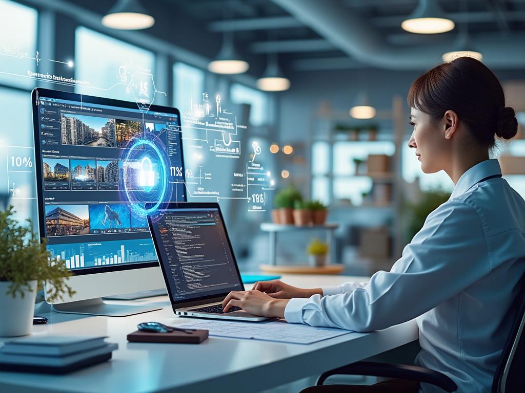 Mujer trabajando en una oficina moderna con computadoras, rodeada de gráficos futuristas y datos digitales en pantalla.
