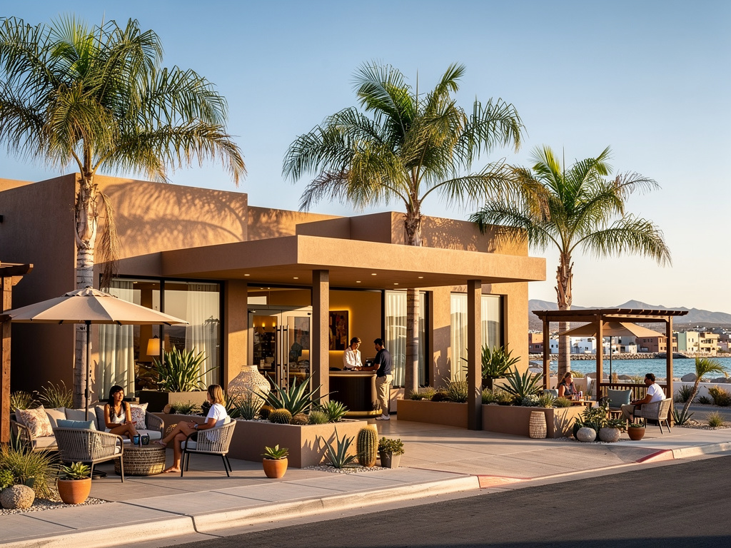 Terraza de resort moderno con palmeras, zona lounge al aire libre y vistas al mar al atardecer