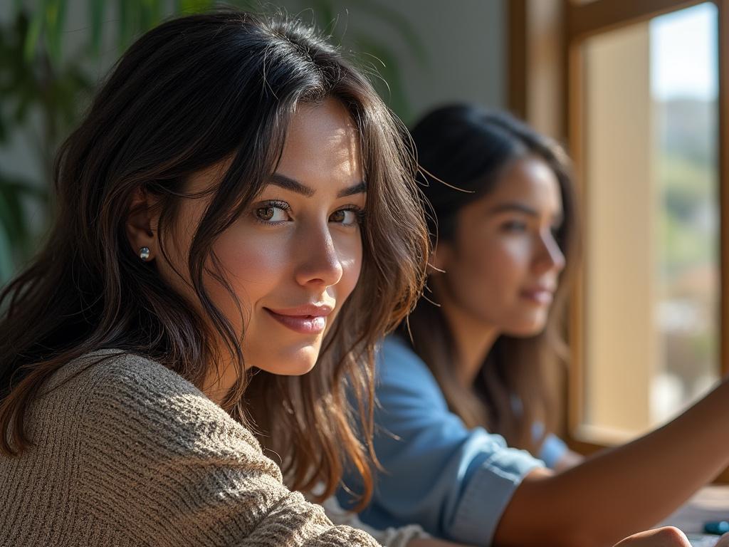 Two women sitting by a window, one smiling in the foreground while the other gazes outside in soft daylight.