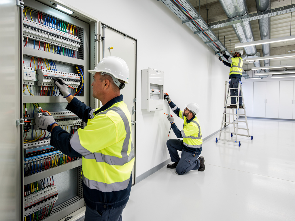 Técnicos electricistas con cascos y chalecos reflectantes realizando instalación y mantenimiento de cuadros eléctricos y cableado industrial Técnicos electricistas con cascos y chalecos reflectantes realizando instalación y mantenimiento de cuadros eléctricos y cableado industrial
