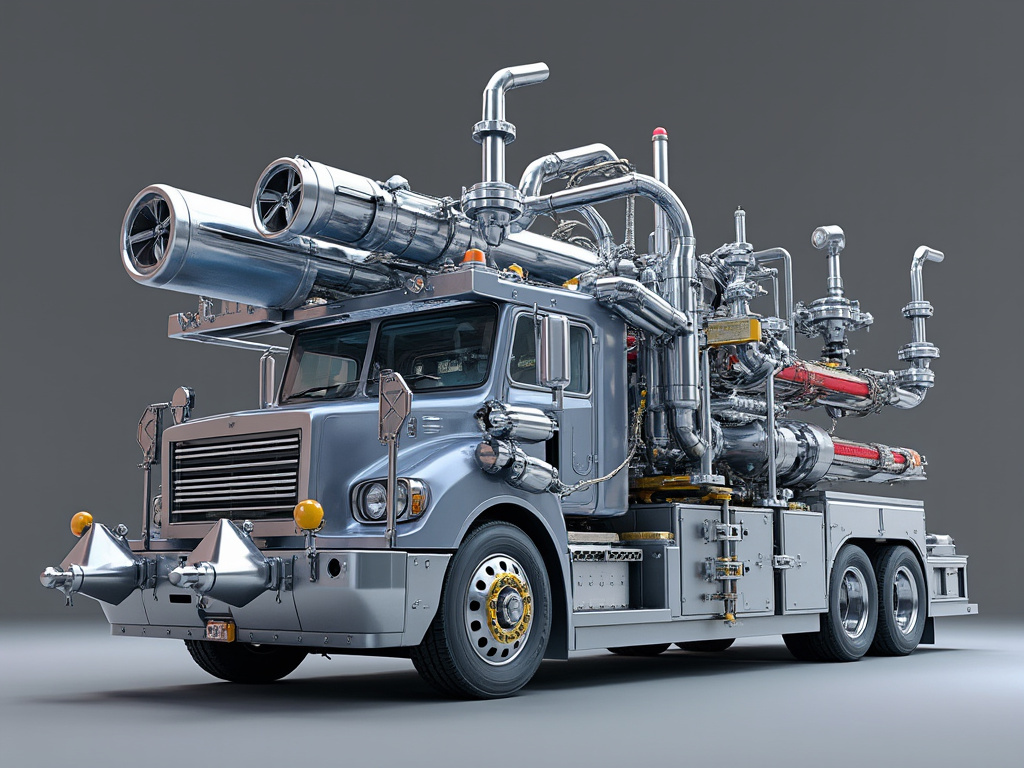 Futuristic chrome industrial truck with large turbines, pipes, and custom machinery on a gray studio background