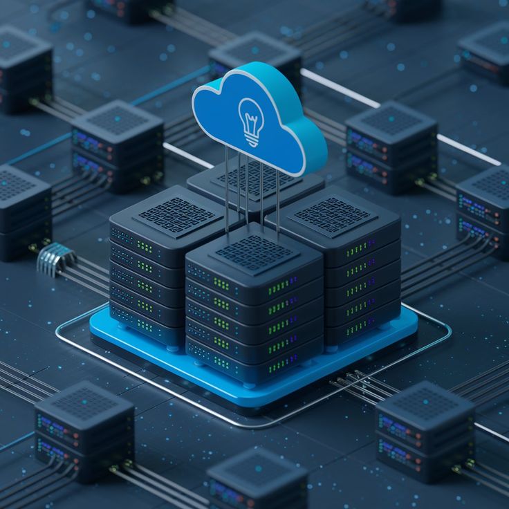 Ilustración de una computadora conectada a varias nubes digitales con un mensaje de soluciones en el área de TI.