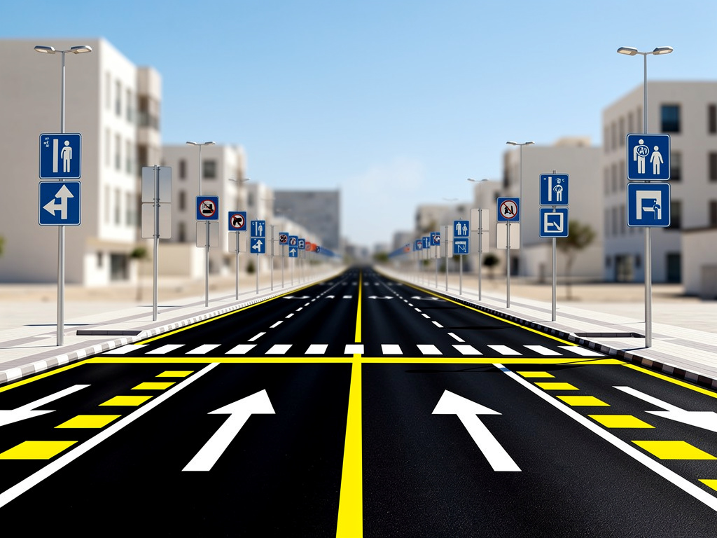 Carretera urbana moderna con señales de tráfico, carriles marcados y pasos peatonales en una ciudad