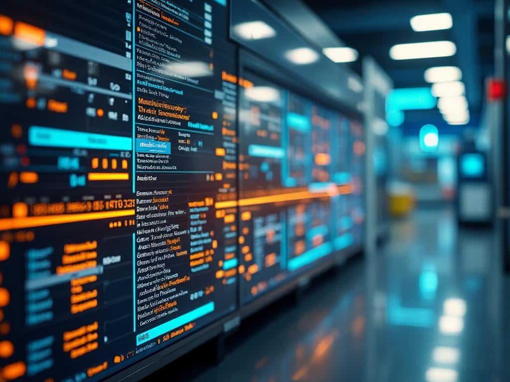 Close-up of server room with illuminated digital screens displaying complex data and code in a high-tech environment