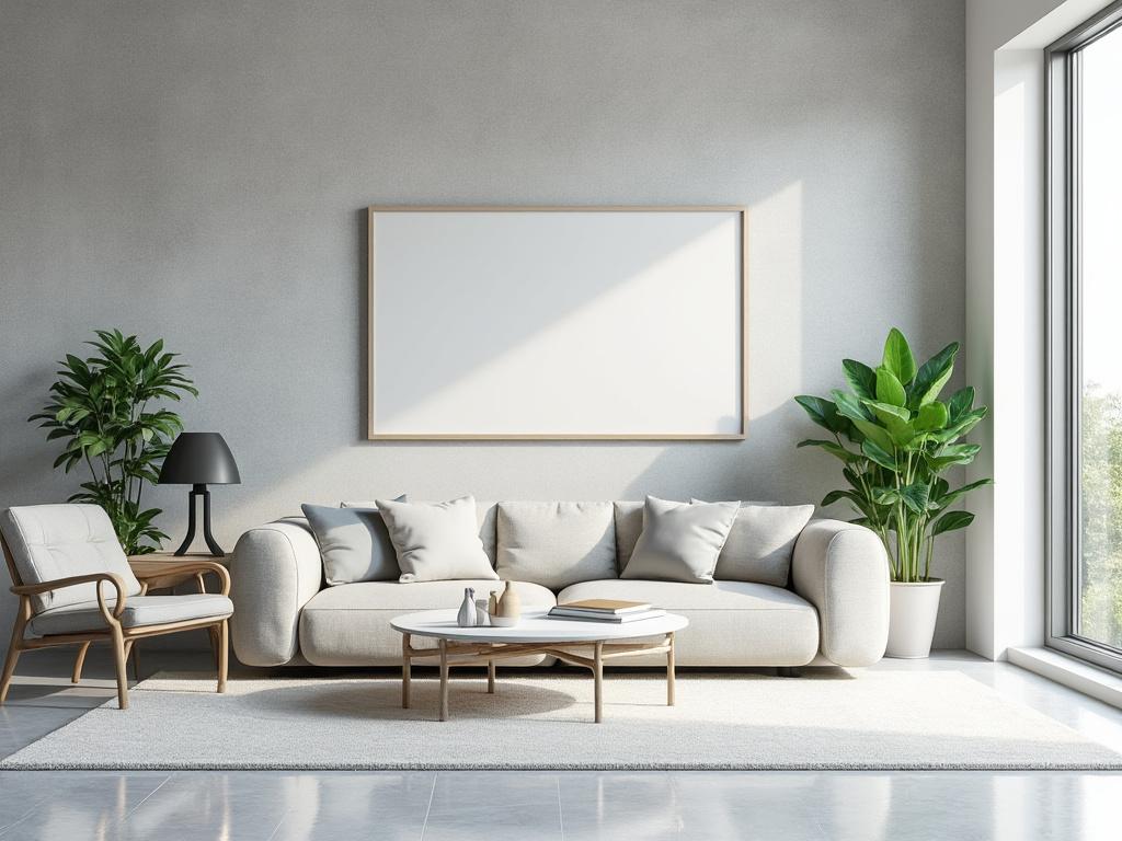 Modern living room with a light gray sofa, neutral pillows, wooden armchair, round coffee table, large indoor plants, and a tall window with natural light.