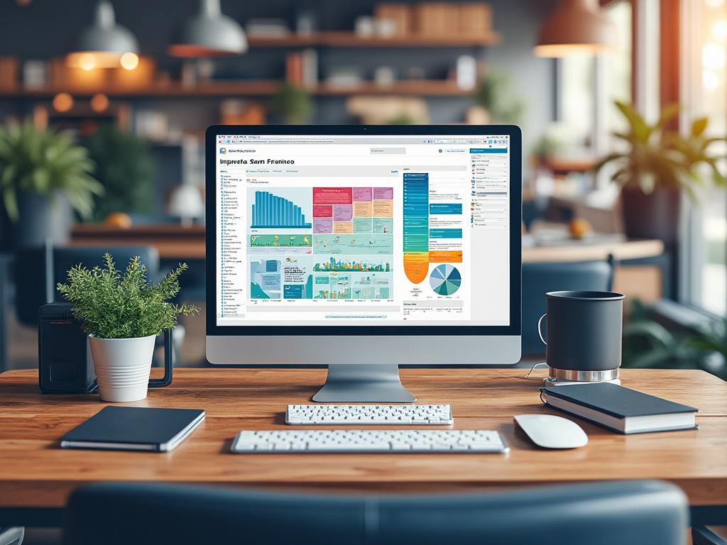 Oficina moderna con escritorio de madera, computadora mostrando gráficos y estadísticas, con planta decorativa y cuadernos.