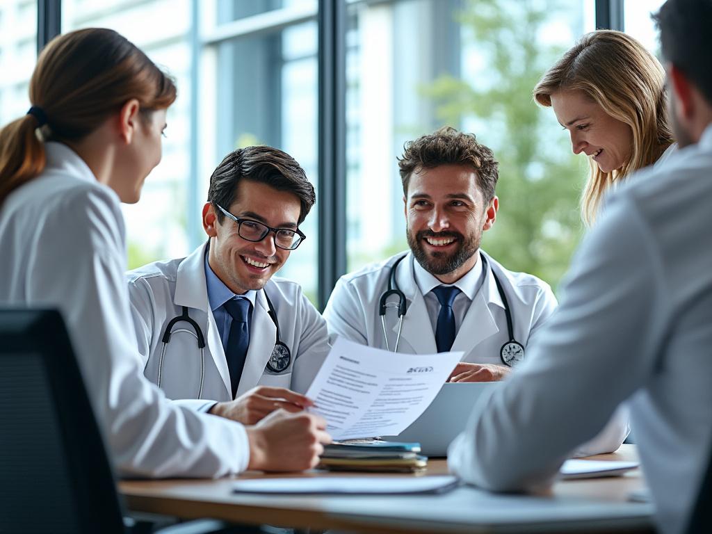 Médicos jóvenes sonriendo y revisando documentos en una reunión en la oficina.