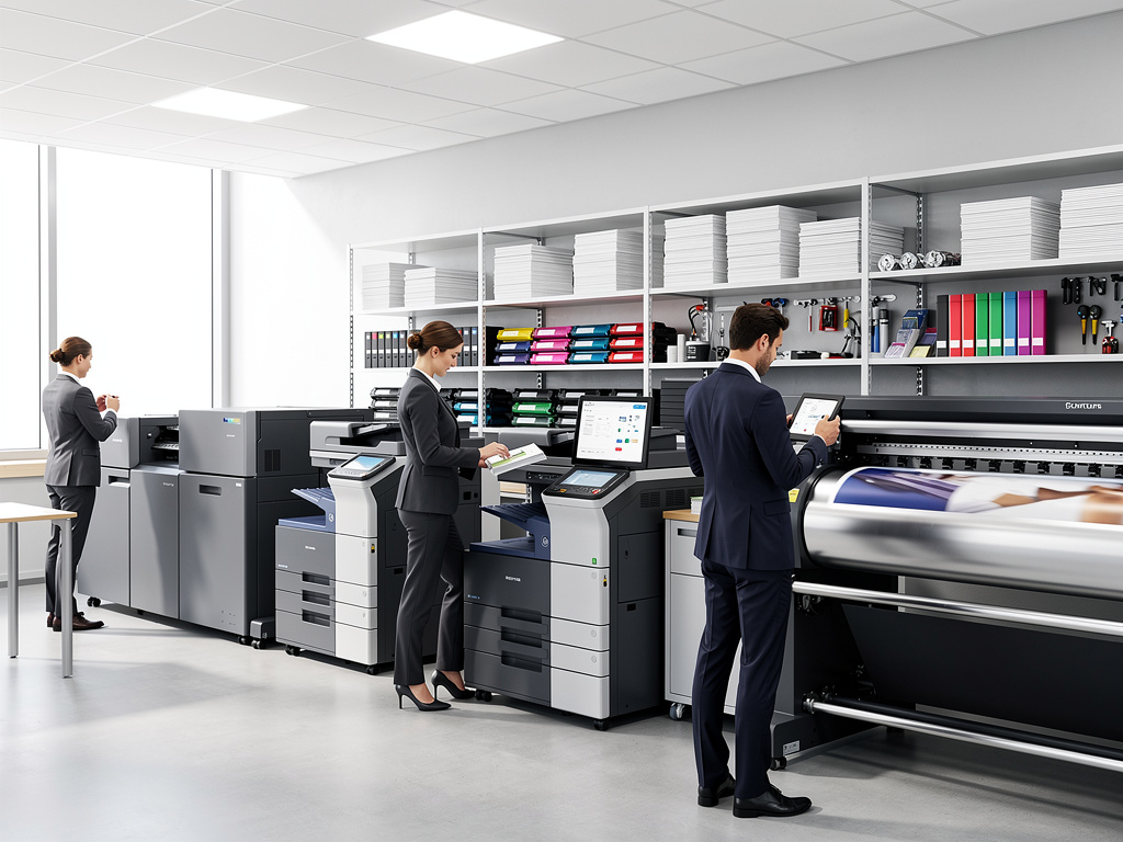 Centro de impresión profesional con impresoras multifunción, plotter de gran formato y empleados gestionando documentos