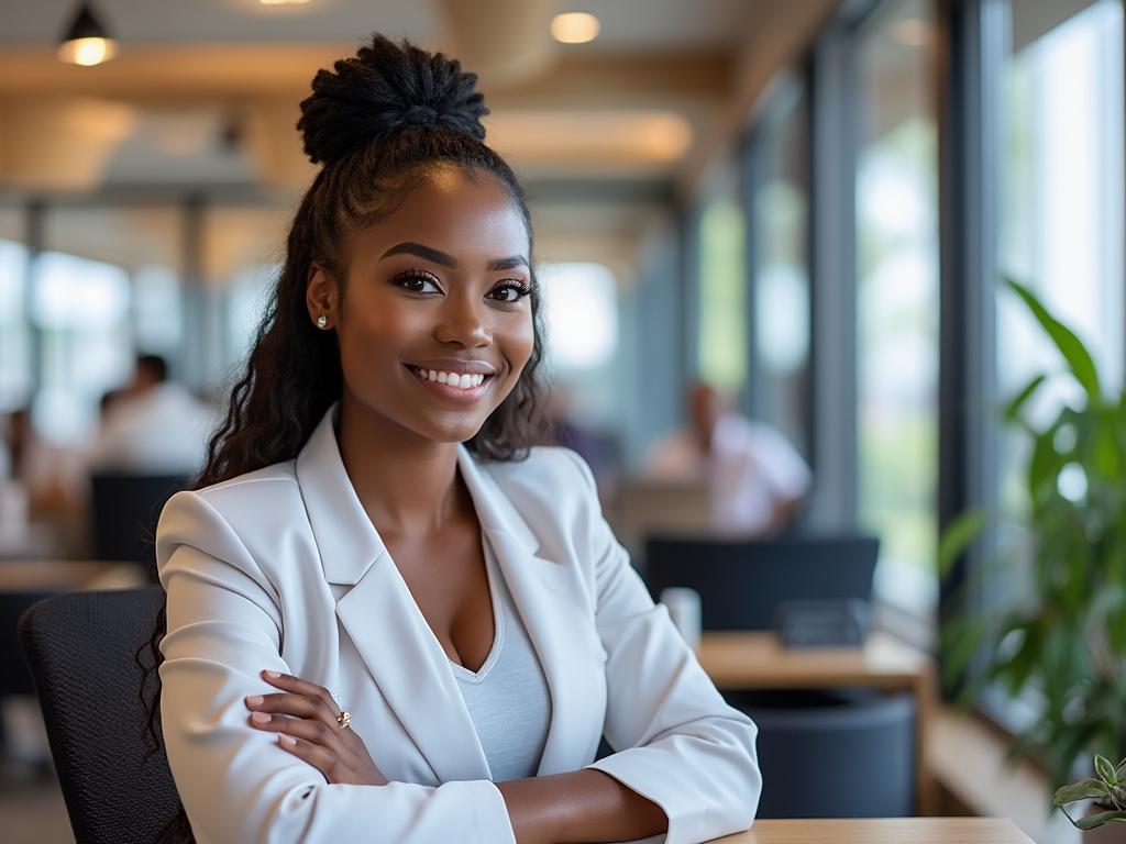 Smiling woman in a white blazer sitting in a modern office with large windows and greenery.