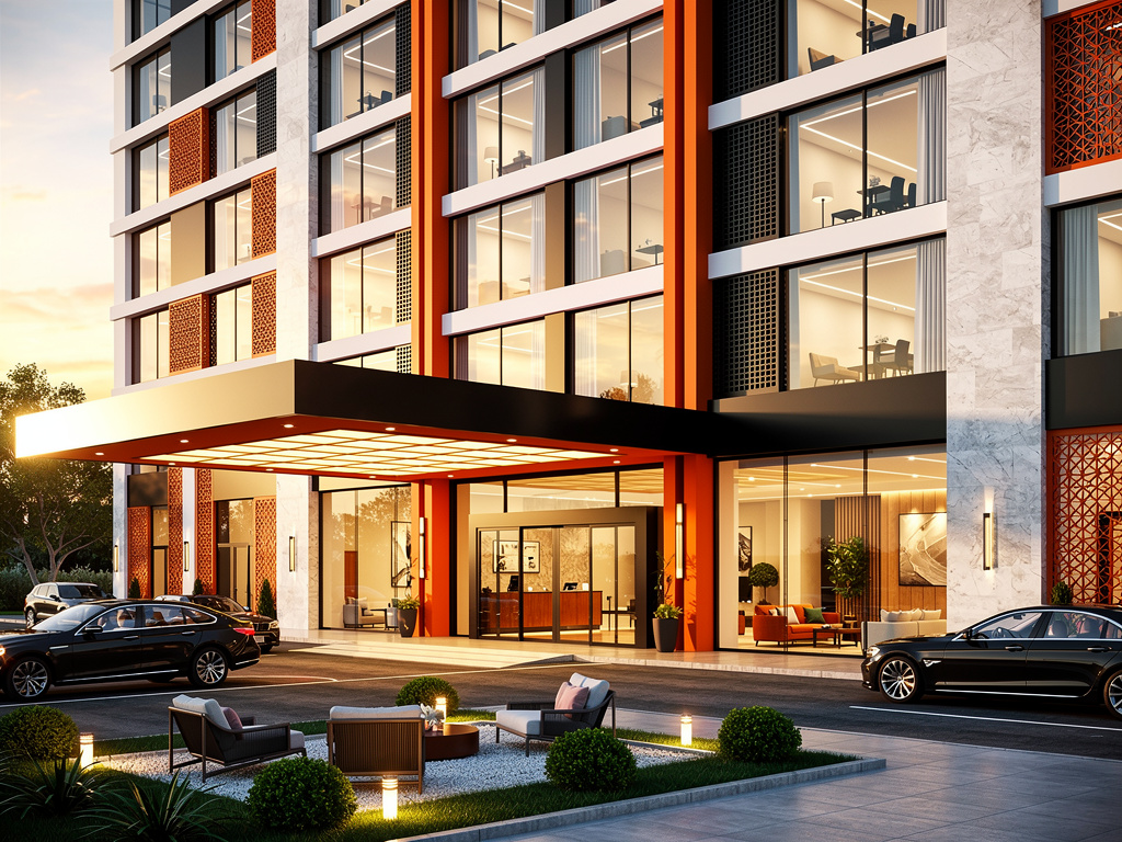 Entrada de hotel moderno de lujo al atardecer con fachada iluminada, coches negros y zona exterior con asientos Entrada de hotel moderno de lujo al atardecer con fachada iluminada, coches negros y zona exterior con asientos