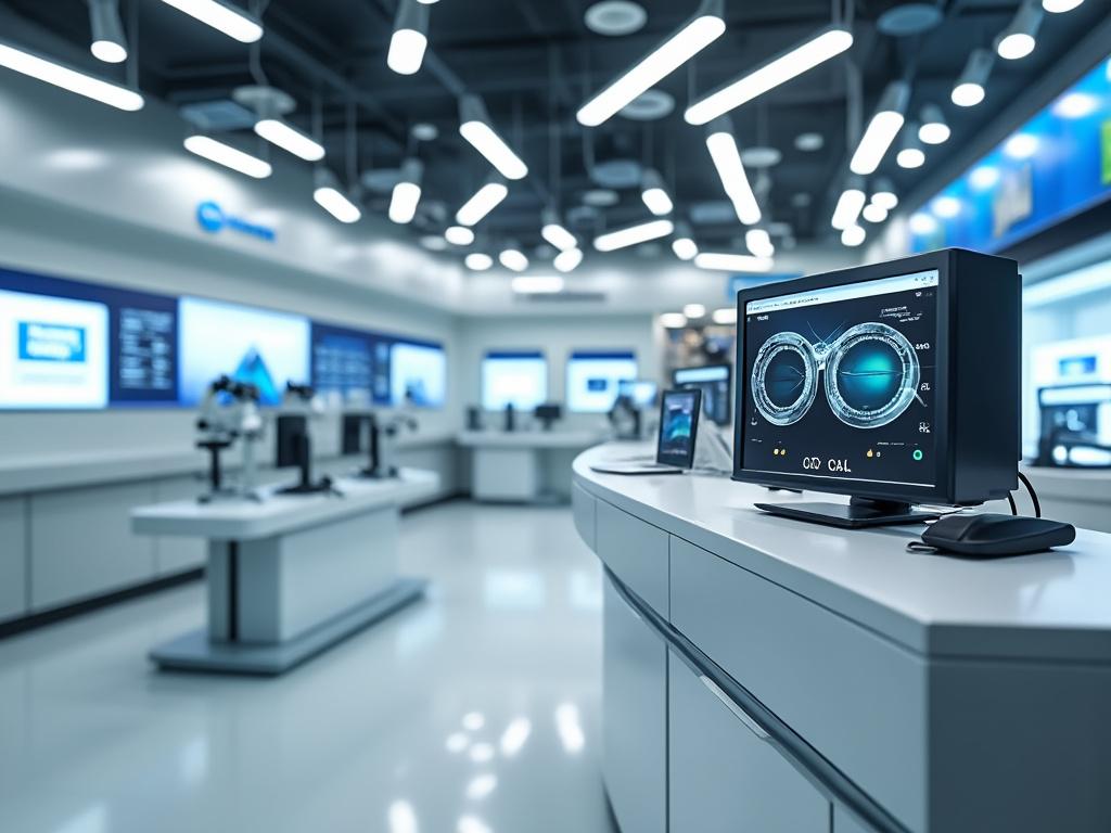 Laboratorio moderno con computadoras y equipos tecnológicos avanzados, pantallas de alta definición y diseño futurista.