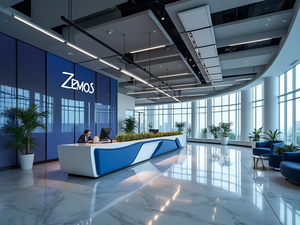 Modern office lobby with large reception desk, branded wall, and panoramic windows with natural light.