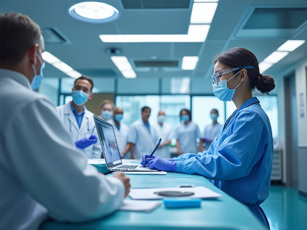 Médicos con equipo de protección, mascarillas y guantes en un hospital, colaborando frente a una computadora portátil en una sala luminosa.