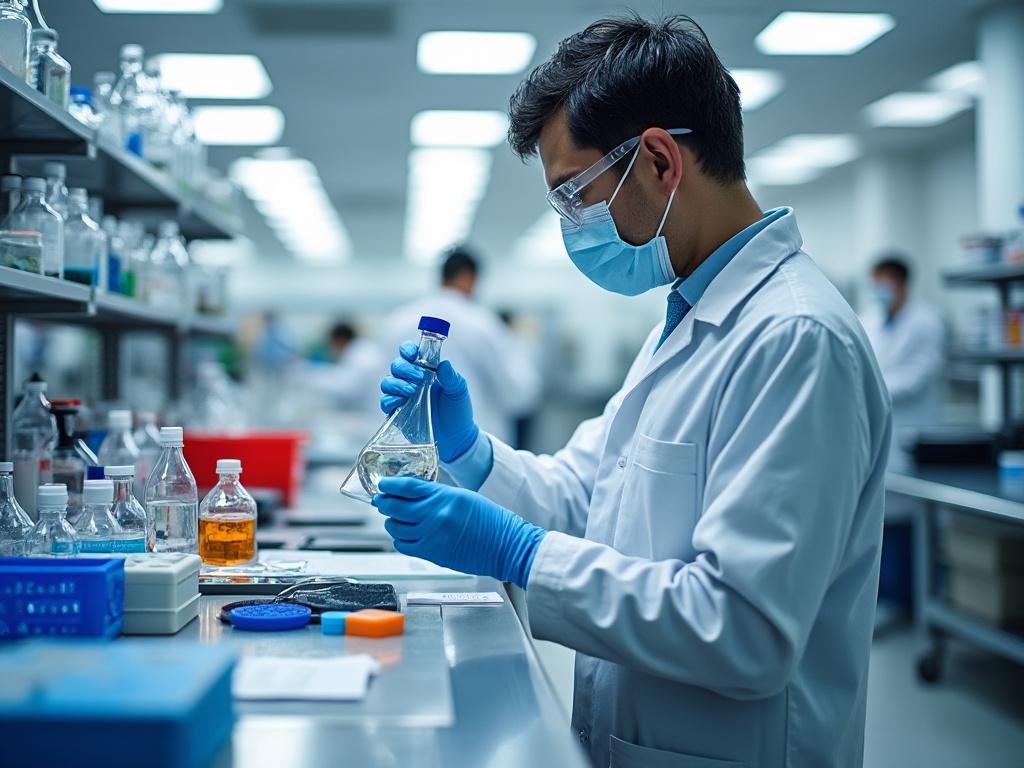 Científico en laboratorio con bata, mascarilla y guantes, manipulando líquido en matraz.