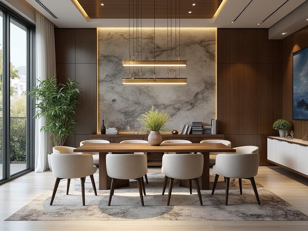 Comedor moderno con mesa de madera, sillas blancas y plantas decorativas, iluminación colgante y pared de mármol.