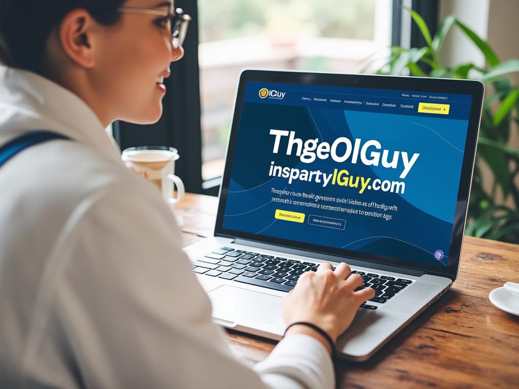 Woman using a laptop with a website homepage displayed on the screen, showing the logo and navigation menu, in a cozy indoor setting with plants and a cup of coffee.