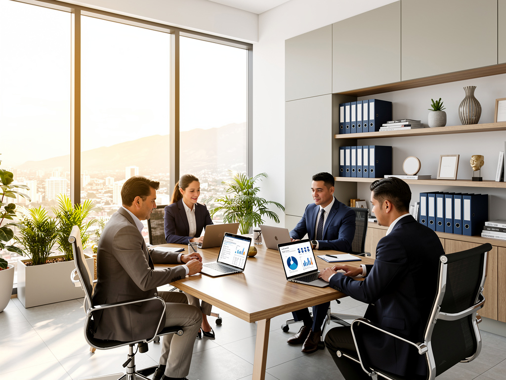 Business team meeting in modern office with laptops, charts, and city skyline view