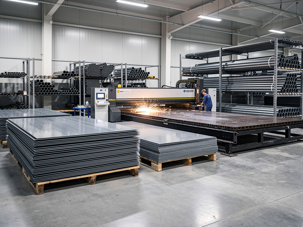 Máquina CNC de corte por plasma trabajando láminas de acero en una fábrica metalúrgica con tubos metálicos apilados