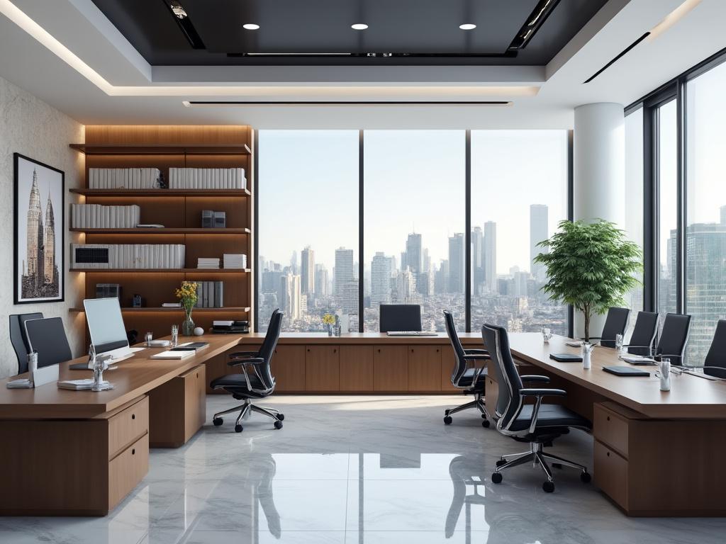 Moderna oficina con escritorios de madera, sillas ergonómicas, estantes con libros y ventanas grandes con vista a la ciudad.