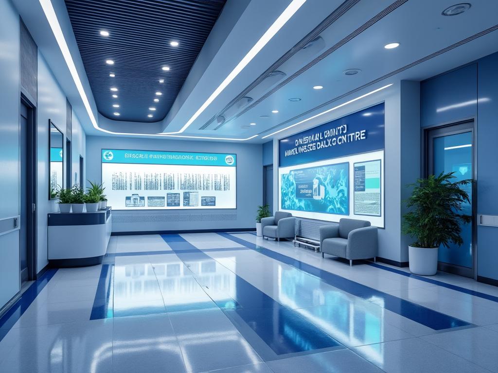 Pasillo moderno de hospital con iluminación LED, plantas decorativas y pantallas informativas en las paredes.