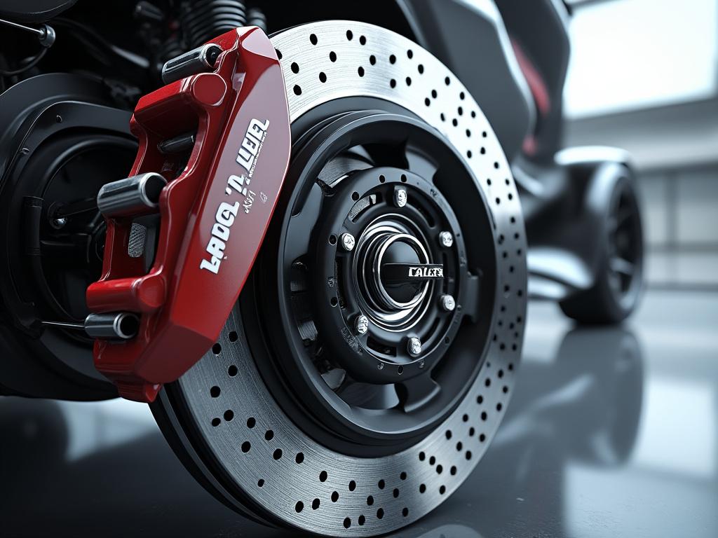 Primer plano de un freno de disco rojo en una motocicleta, destacado en un entorno industrial.