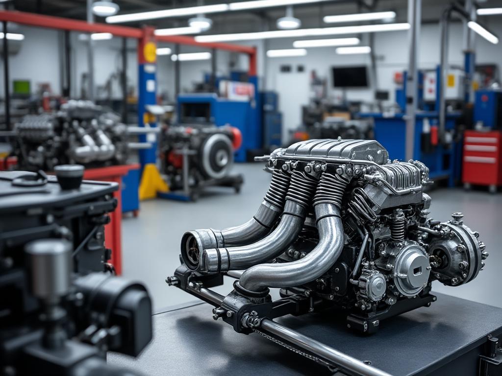 Motor de automóvil en un taller mecánico moderno con herramientas y equipos al fondo. Motor de automóvil en un taller mecánico moderno con herramientas y equipos al fondo.