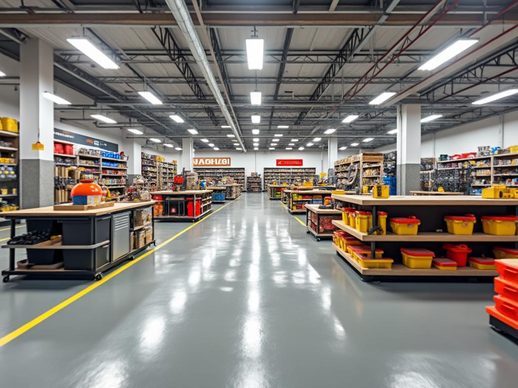 Pasillo amplio en una ferretería ordenada con estantes llenos de herramientas y suministros, y suelo brillante iluminado por luces de techo.