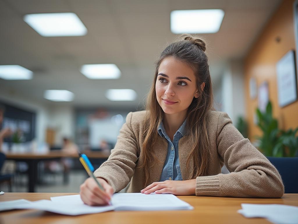 Joven estudiante escribiendo en un cuaderno en la biblioteca, ambientado en un entorno de estudio iluminado.
