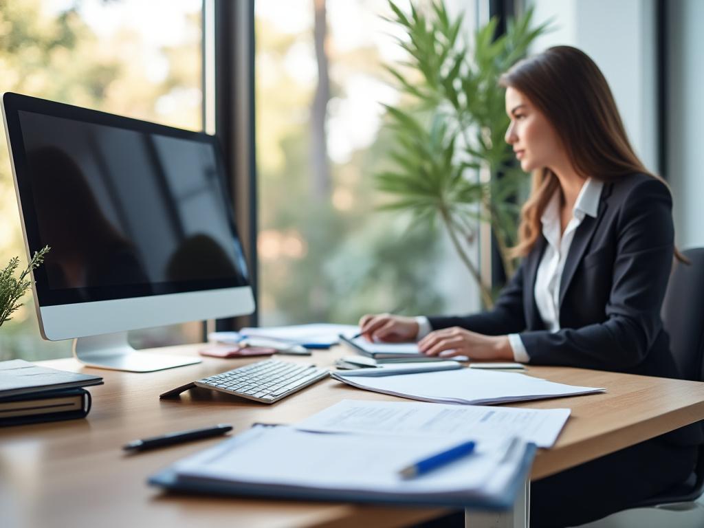 Professional woman working at a desk with computer, documents, and modern office setting.
