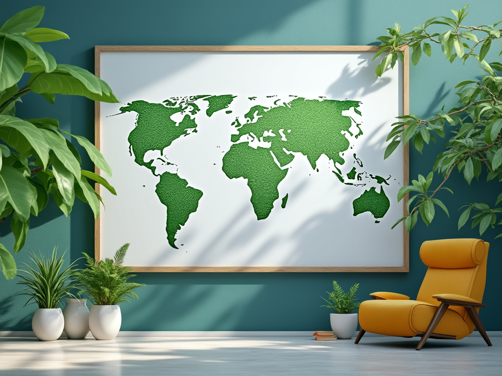 Sala moderna con mapa del mundo verde en la pared, rodeada de plantas y silla amarilla.