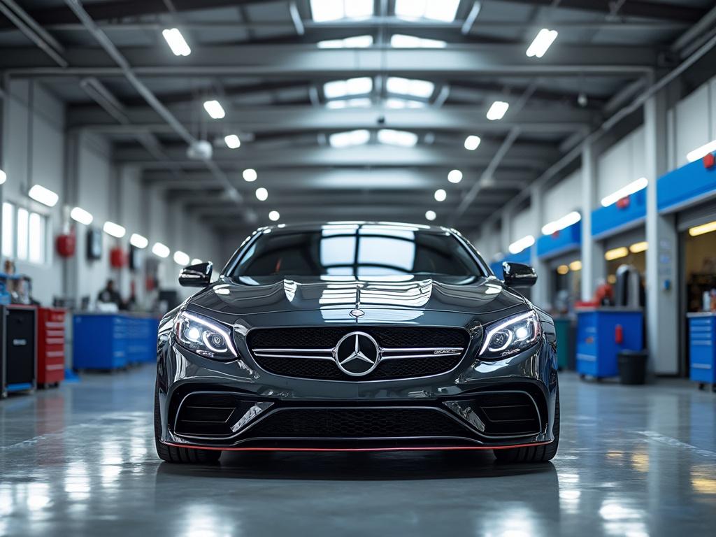 Front view of a sleek black Mercedes-Benz in a modern garage with bright lighting and visible workstations.
