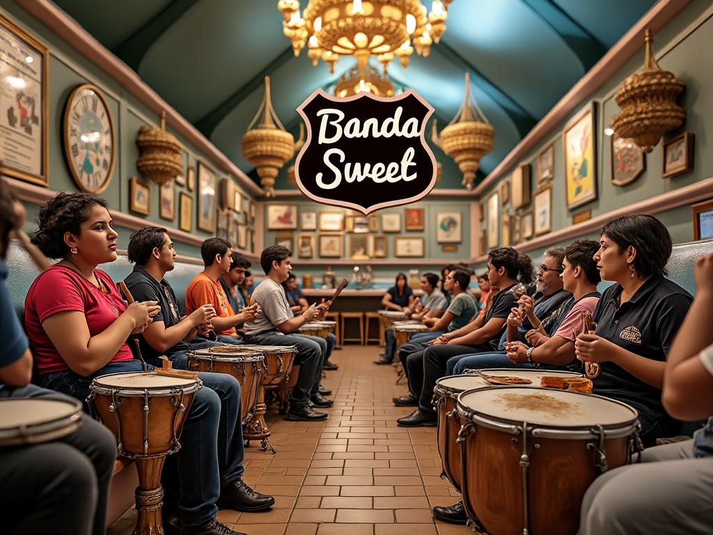 Grupo de personas tocando tambores en una sala, bajo un letrero que dice 'Banda Sweet'.