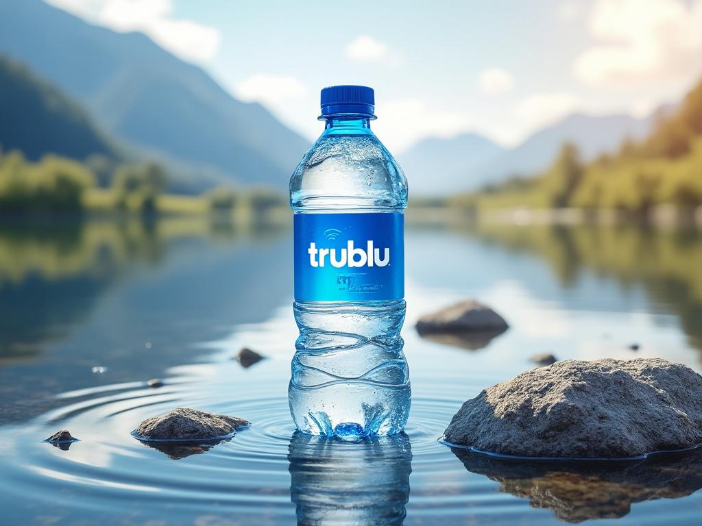 A bottle of trublu water standing on a rock in a serene mountain lake setting with clear skies and distant hills.