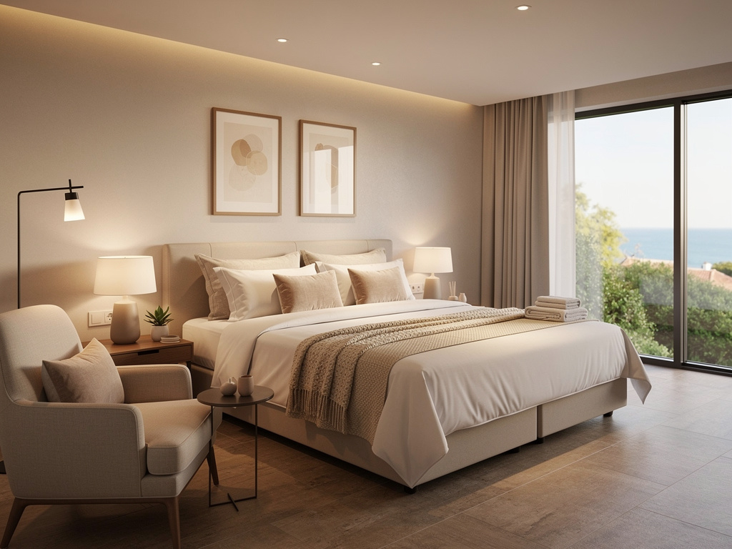 Dormitorio moderno y luminoso con cama king size, decoración neutra, ventanal panorámico y vistas al mar