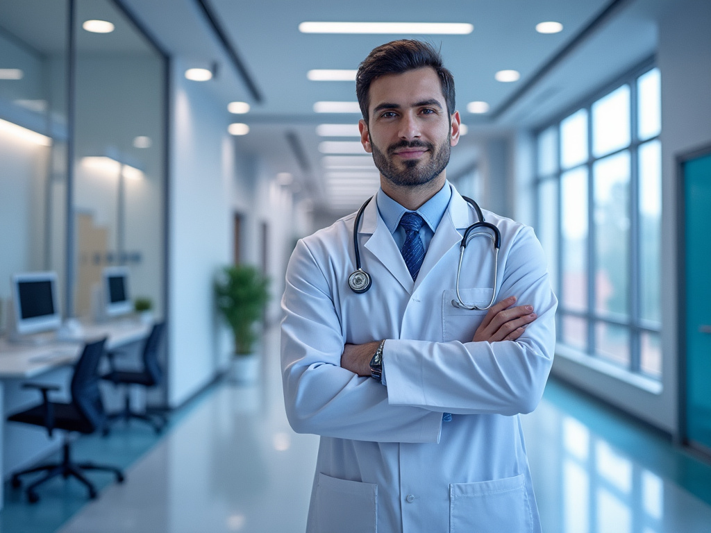Médico joven con bata blanca y estetoscopio en un moderno pasillo de hospital.