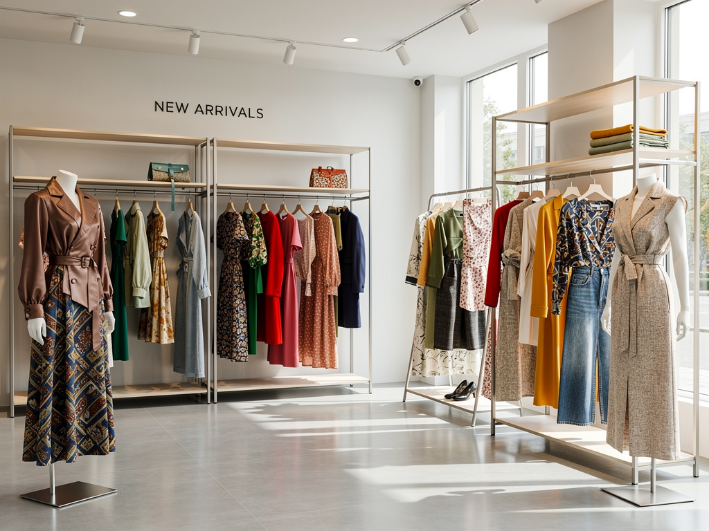Boutique de moda moderna con nueva colección de ropa femenina en percheros y maniquíes