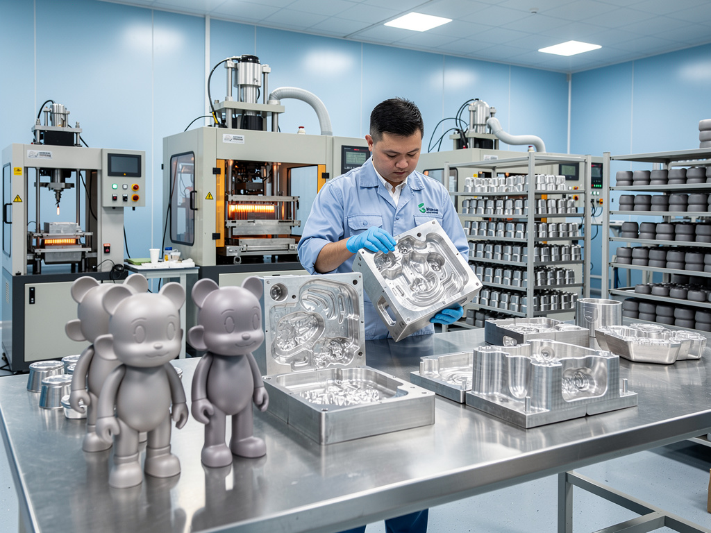 Técnico inspecciona moldes de aluminio para figuras de juguete en laboratorio industrial de fabricación con maquinaria CNC