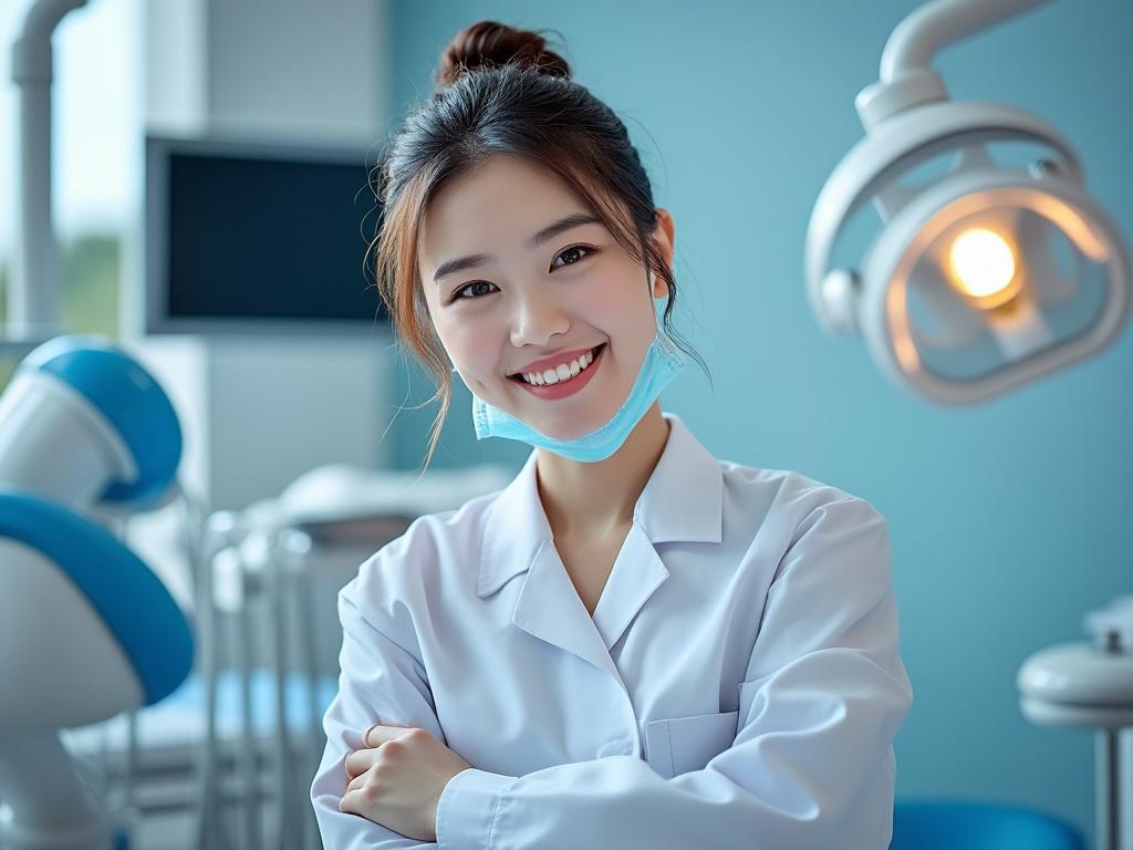 Dentista sonriente con bata blanca y mascarilla en consultorio dental iluminado.