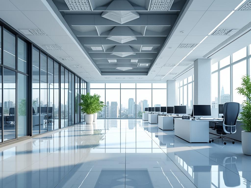 Moderna oficina con escritorios, sillas ergonómicas y ventanas grandes con vistas a la ciudad, decorada con plantas verdes.