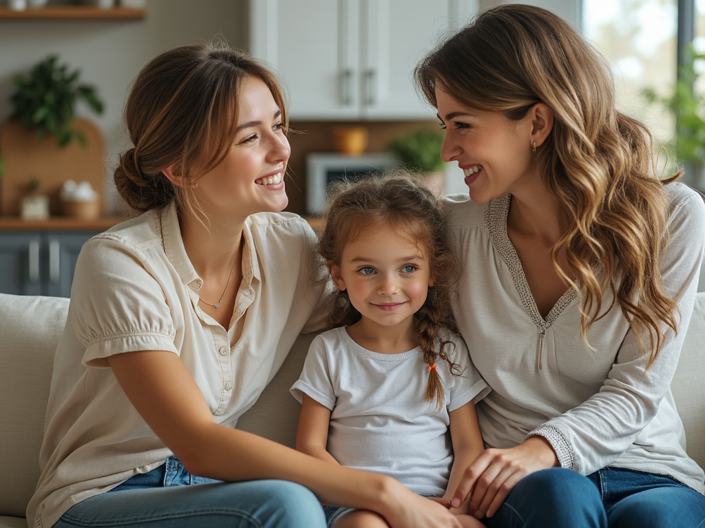 Tres mujeres felices sentadas en un sofá, dos adultas sonriendo a una niña en el centro, en una sala de estar luminosa.