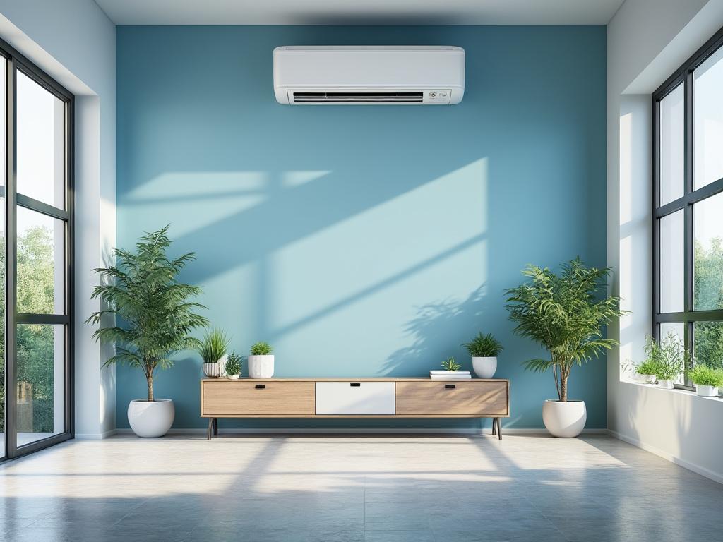 Sala moderna con pared azul, aire acondicionado y plantas en macetas blancas.