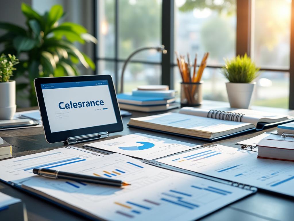 Mesa de oficina con documentos financieros y tableta mostrando el nombre 'Celesrance'; entorno iluminado y plantas decorativas.