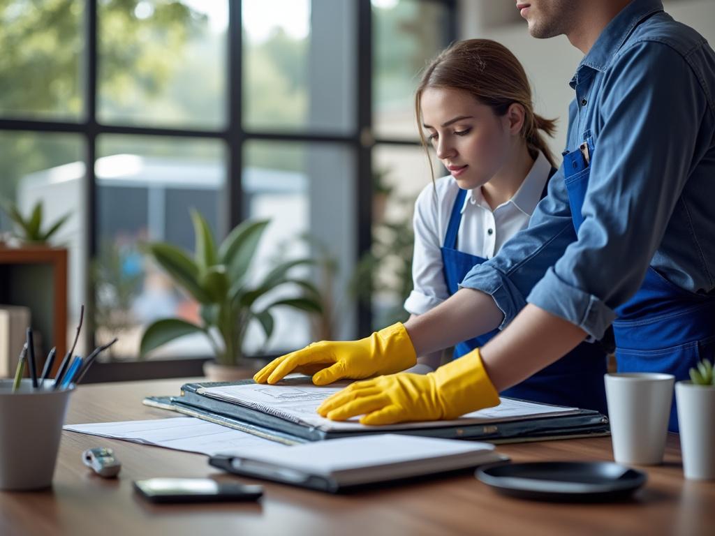 Dos personas con guantes amarillos revisan planos sobre una mesa en una oficina luminosa con ventanas y plantas.