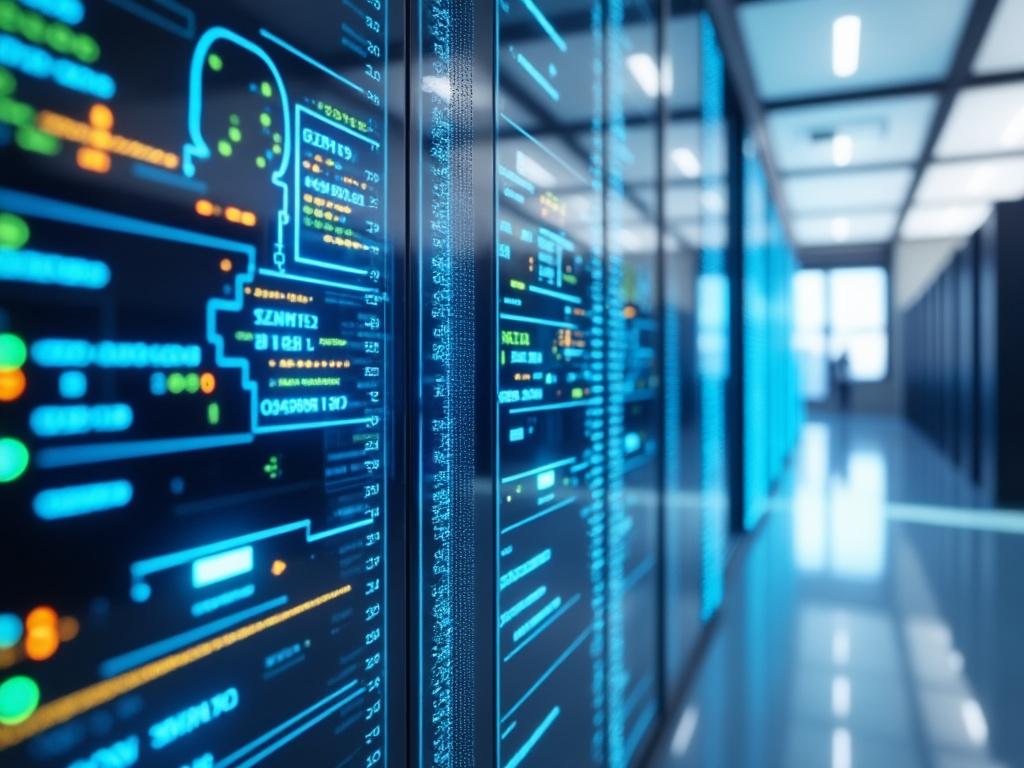 Pasillo de centro de datos moderno con servidores y pantallas de información tecnológica.