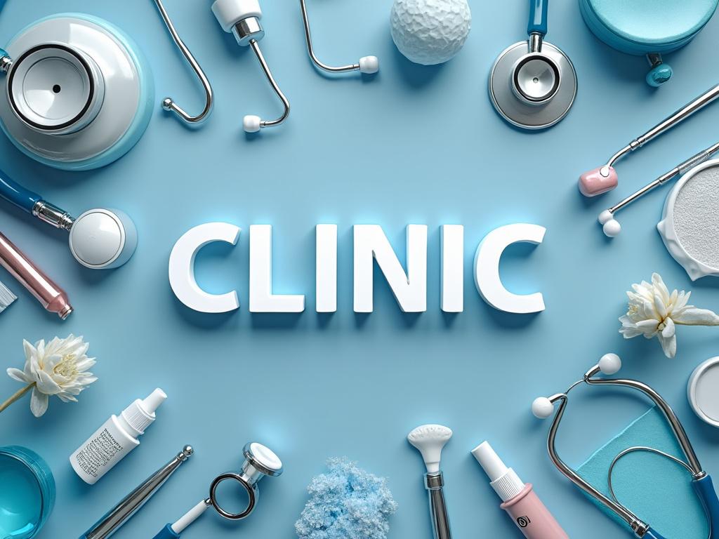Fondo azul con la palabra 'CLINIC' rodeada de estetoscopios, jeringas, flores y otros suministros médicos.