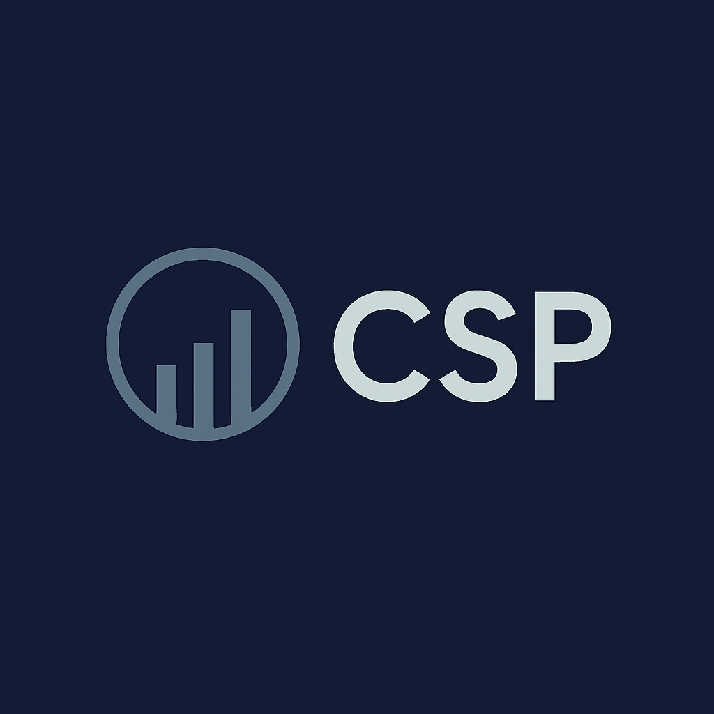 Logotipo CSP con icono de gráfico de barras en círculo sobre fondo azul oscuro